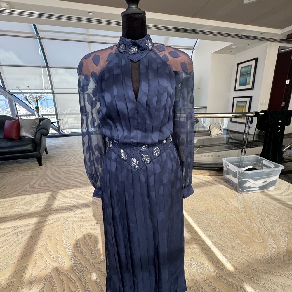 Vintage Sheer Navy Blue Dress with Hand Beaded Leaf Accents